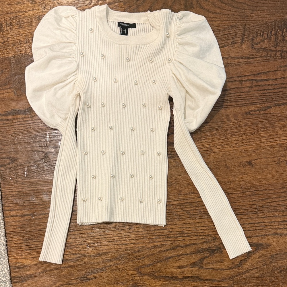 Forever 21 Cream Ribbed Pearl-Accent Sweater